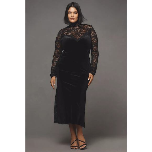 NWT Anthropologie Long-Sleeve Mock-Neck Lace Velvet Slip Midi Dress $170 SMALL - Picture 5 of 8